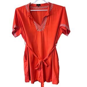D'IYANU Tunic Top NWOT Orange Pockets SZ 2X Linen Blend Belt Embroidered Boho